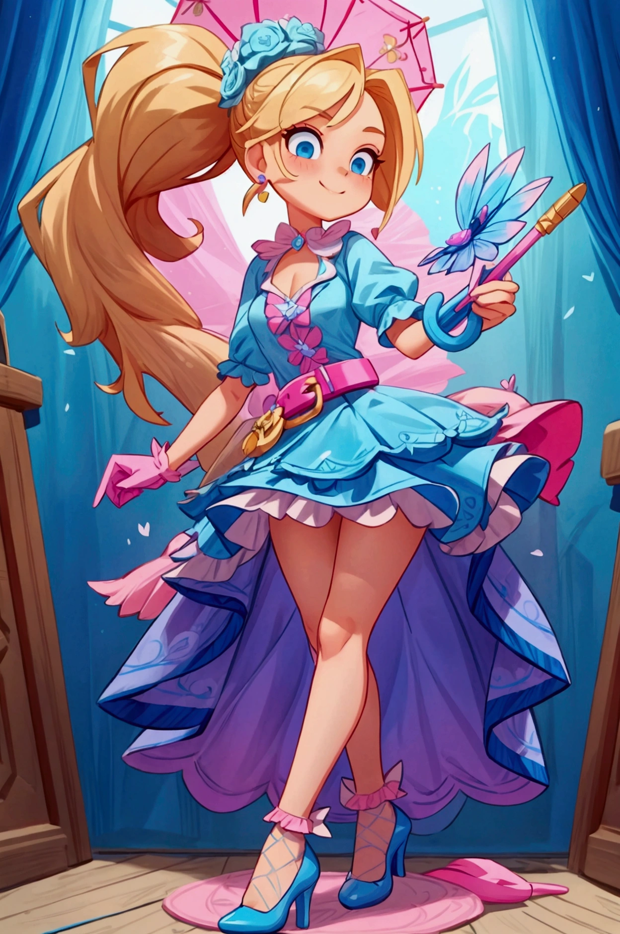 "Masterpiece, best quality, Piper from Brawl Stars, blonde long hair, ponytail in hair, blue eyes, standing indoors with intricate details and sunlight. Blue frilled dress with short neckline, pink gloves, pink belt, earrings, blue heels. Sweet smile, sexy pose, coquette, beautiful legs, mature body, gorgeous."