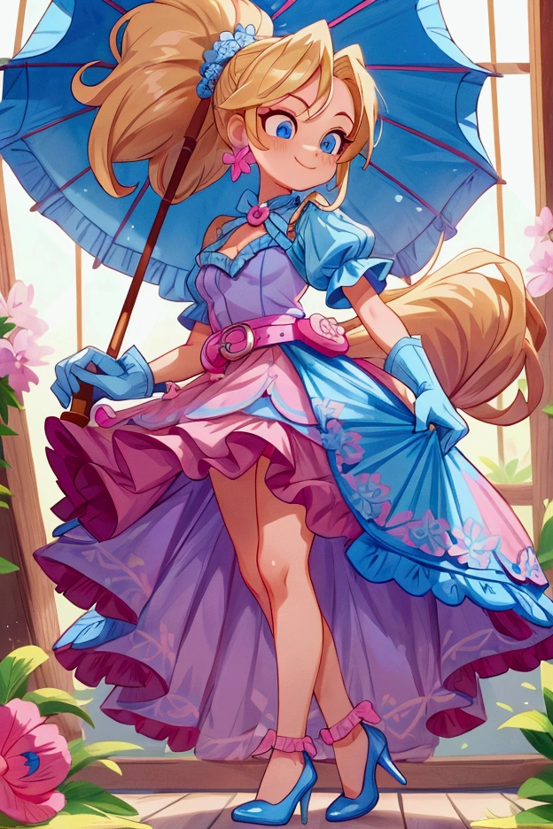 "Masterpiece, best quality, Piper from Brawl Stars, blonde long hair, ponytail in hair, blue eyes, standing indoors with intricate details and sunlight. Blue frilled dress with short neckline, pink gloves, pink belt, earrings, blue heels. Sweet smile, sexy pose, coquette, beautiful legs, mature body, gorgeous."