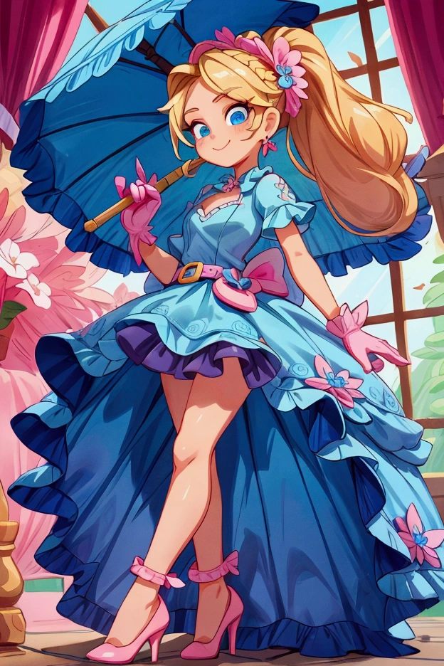 "Masterpiece, best quality, Piper from Brawl Stars, blonde long hair, ponytail in hair, blue eyes, standing indoors with intricate details and sunlight. Blue frilled dress with short neckline, pink gloves, pink belt, earrings, blue heels. Sweet smile, sexy pose, coquette, beautiful legs, mature body, gorgeous."