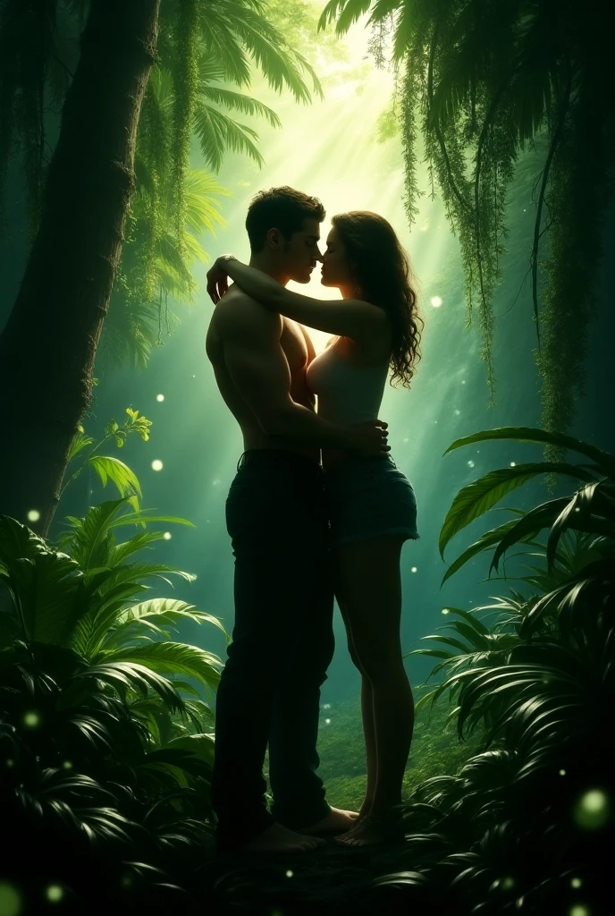 1 muscular very hary, handsome and attractive American man without wearing shirt with sexy Indonesian married woman bit chubby wearing a sexy pink satin bikini in the forest with sunlight. Both are hugging pose and there body is towards the camera which is front. The woman is in front and the man is behind her. The woman is to the left side of the man. The man is hugging the woman from behind. The woman is standing on the left side of the man. In forest. Hyper realistic image detail image. woman standing on left of the man. The background is sunny forest