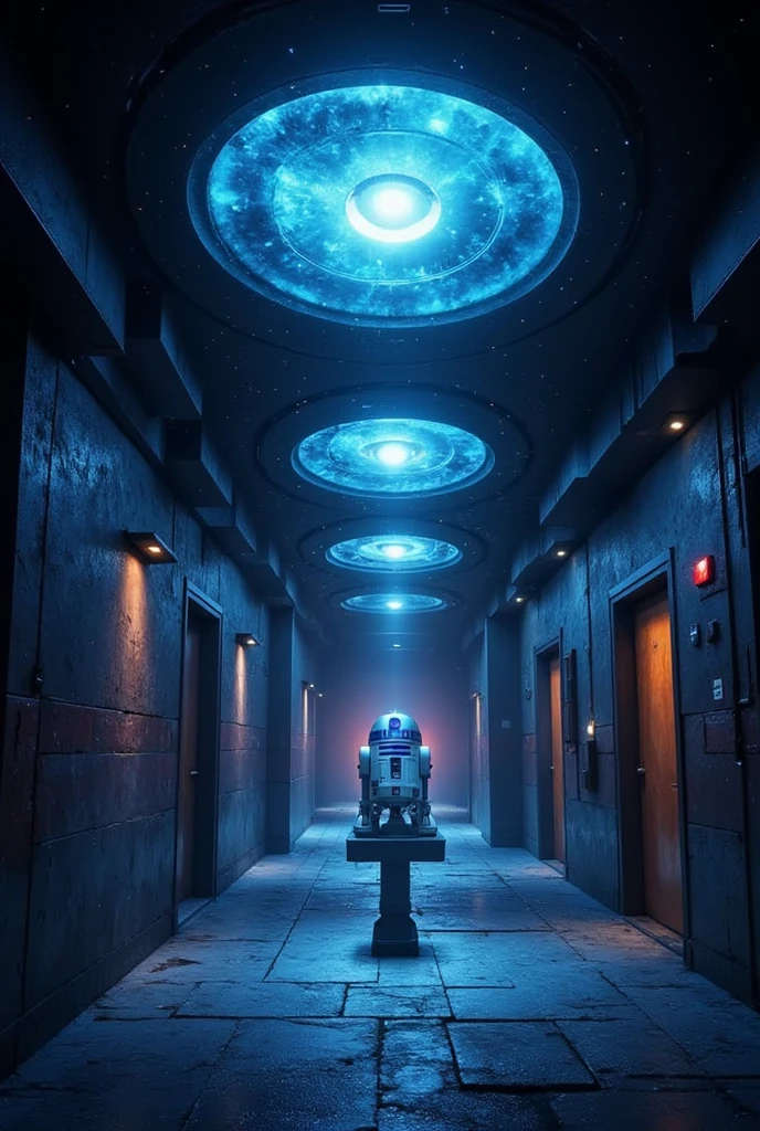  Mysterious hallways in the Star Wars universe ,  showing R2-D2 in the distance , 带有future感的照明和墙壁上的复杂细节,  presents a sci-fi atmosphere ,  movie lights ,  High Res,  dynamic angle ,  digital art,(3D holographic ),(future),("Aiu"  holographic logo ),masterpiece, is the best quality, super detailed,8K Portrait,8k wallpaper, ultra-detailed illustrations ,  Highly detailed background  , Highly detailed background 