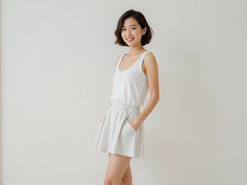  Japanese、woman、 Short Hair、Smile、profile、white colored clothes、 tank top 、 Miniskirt　Standing with your legs apart