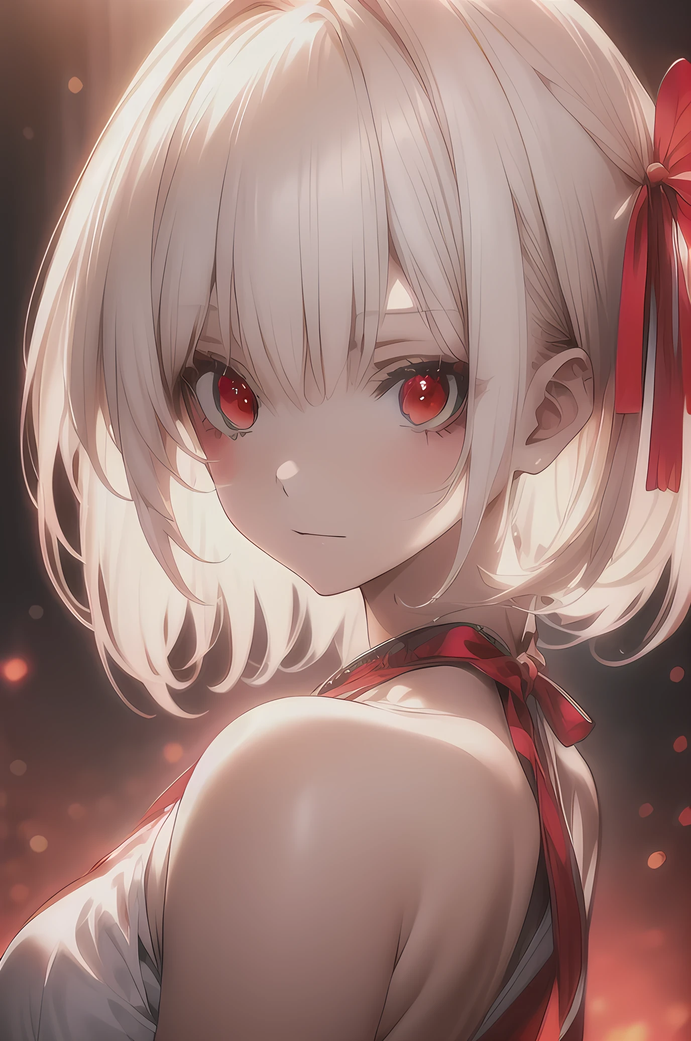 chisato nishikigi, short hair, bangs, blonde hair, (red eyes:1.5), hair ribbon, one side up, bob cut, masterpiece, best quality, extremely detailed CG unity 8k wallpaper,