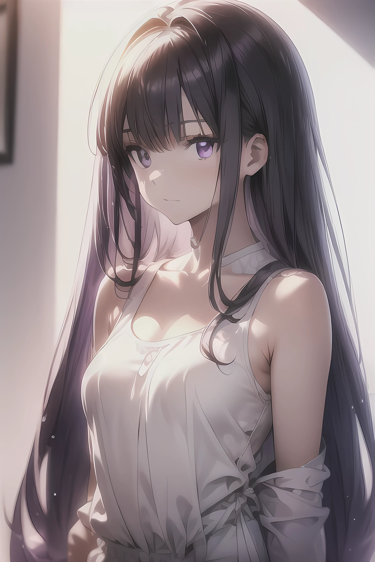 inoue takina, long hair, bangs, black hair, (purple eyes:1.2), masterpiece, best quality, extremely detailed CG unity 8k wallpaper,