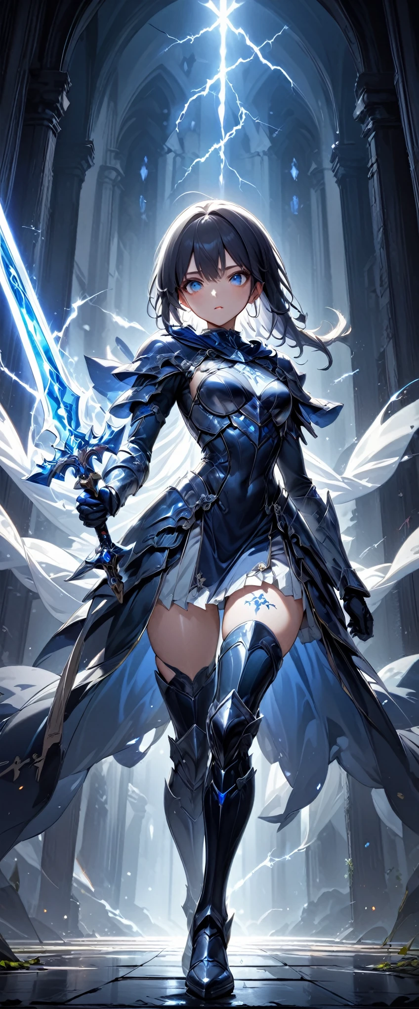 masterpiece， Ultra High Definition ，Super fine，16k， Insanely Delicate ， amazingly detailed art ，((Dark Theme:1.5))，(( silhouette :1.4))， Very Beautiful 21-Year-Old Girl ， cute girl， very cute face with both knees on the floor，Beautiful eyelashes，Double eyelids， natural makeup， hooded，Long Bangs， Almond Eye，Armor Dress， Miniskirt，Metal long boots ，Black Cape，(( Magical Tattoo on His Thigh Shines Glowing ))，He holds a sword with a rune engraved on it in one hand，Both Eyes Shine Strong Blue ， Very Mysterious and Fantastic ， professional lighting ， Top Quality Acrylic Anime Art， Ultra High Accuracy Textures ， A World Shrouded in Complete Darkness ，Amazing Magic Knight ， Very Delicate Depiction of Electricity ， Surrounded by a Pale White Lightning ，Look away， cowboy shot ，((Perfect body， perfect anatomy))