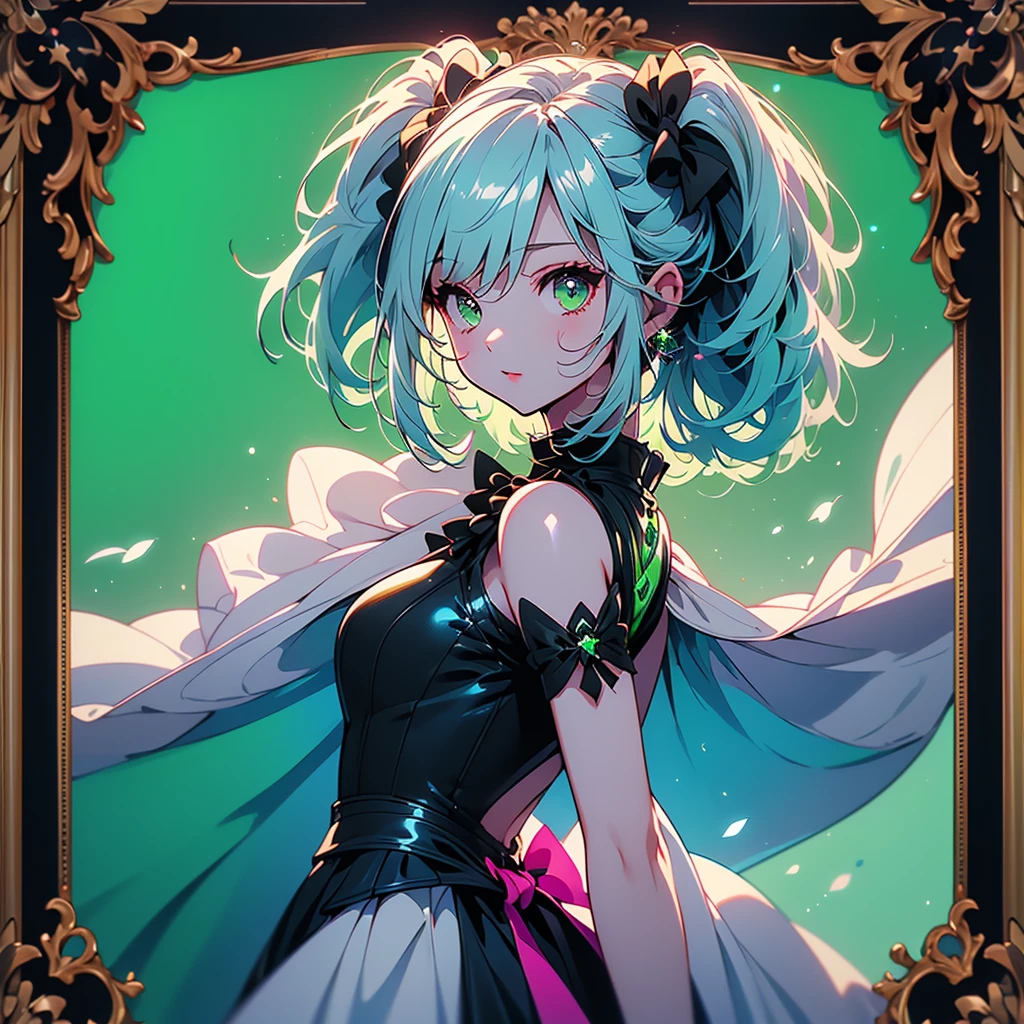  one girl playing pranks、Character design front、Front view、Delicate line hair、(((Super fine、Best Quality、masterpiece)))、original cute hairstyle 、 milk white and blue hair color 、 simple green background、 jet black and magenta original cute costume、 pastel fantasy painting frame 、