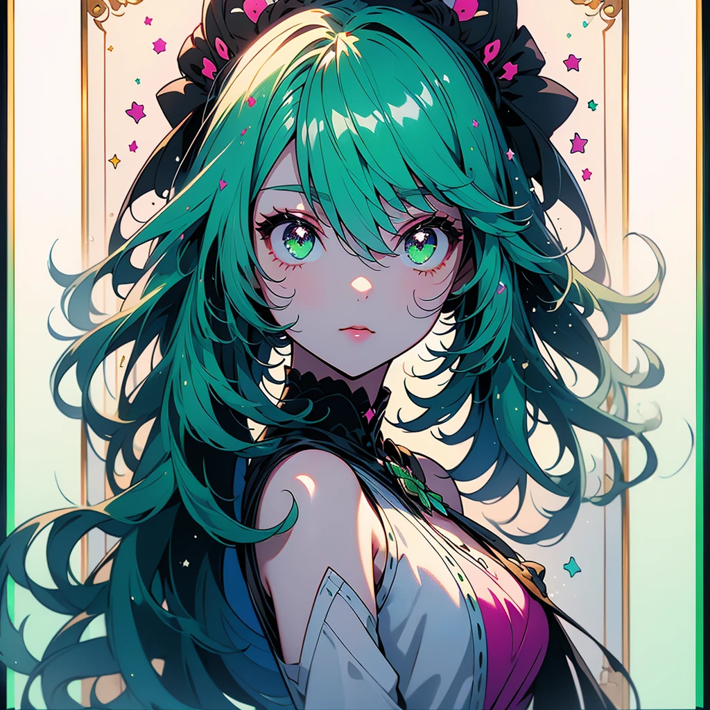  one girl playing pranks、Character design front、Front view、Delicate line hair、(((Super fine、Best Quality、masterpiece)))、original cute hairstyle 、 milk white and blue hair color 、 simple green background、 jet black and magenta original cute costume、 pastel fantasy painting frame 、