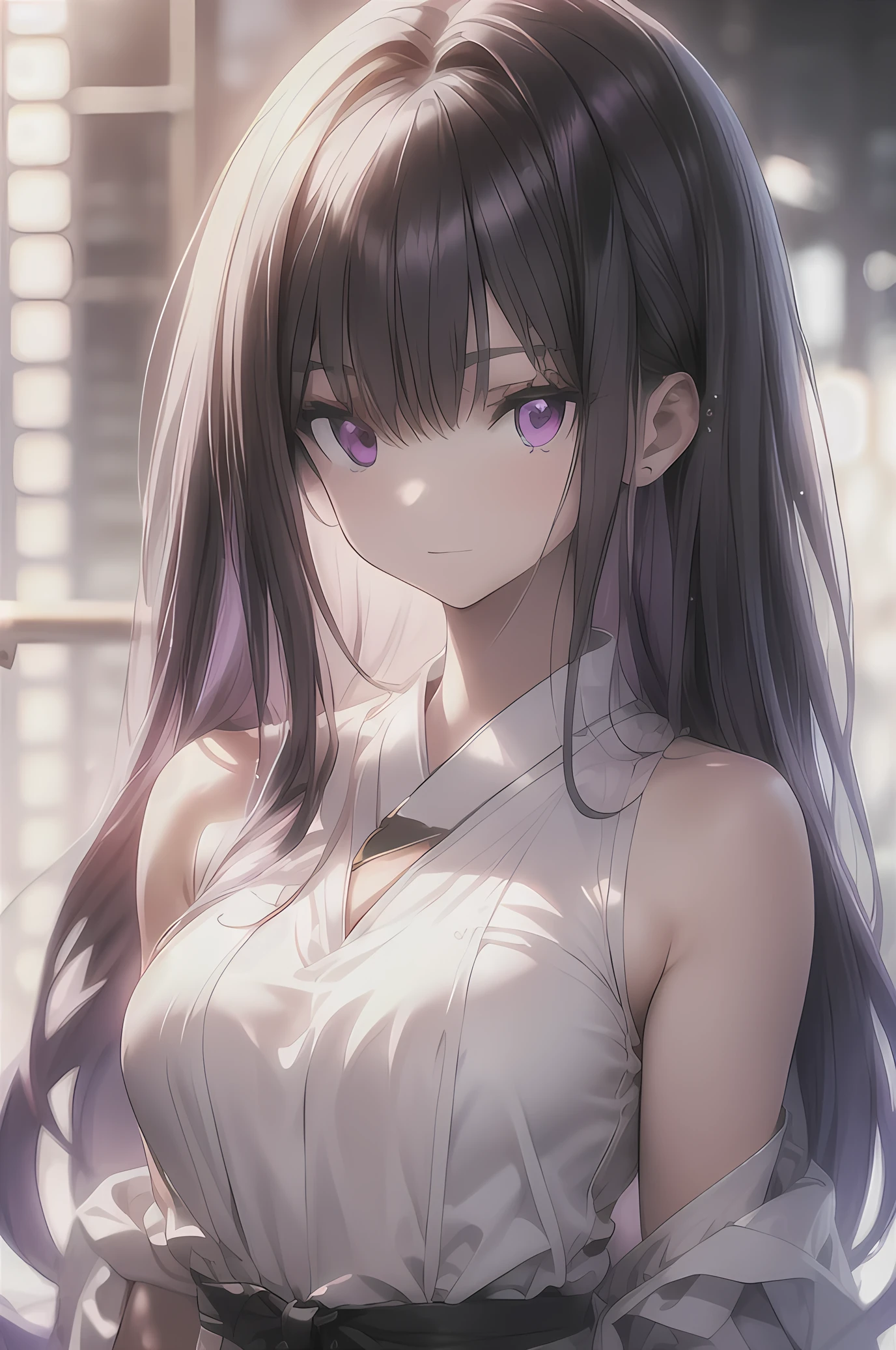 inoue takina, long hair, bangs, black hair, (purple eyes:1.2), masterpiece, best quality, extremely detailed CG unity 8k wallpaper,