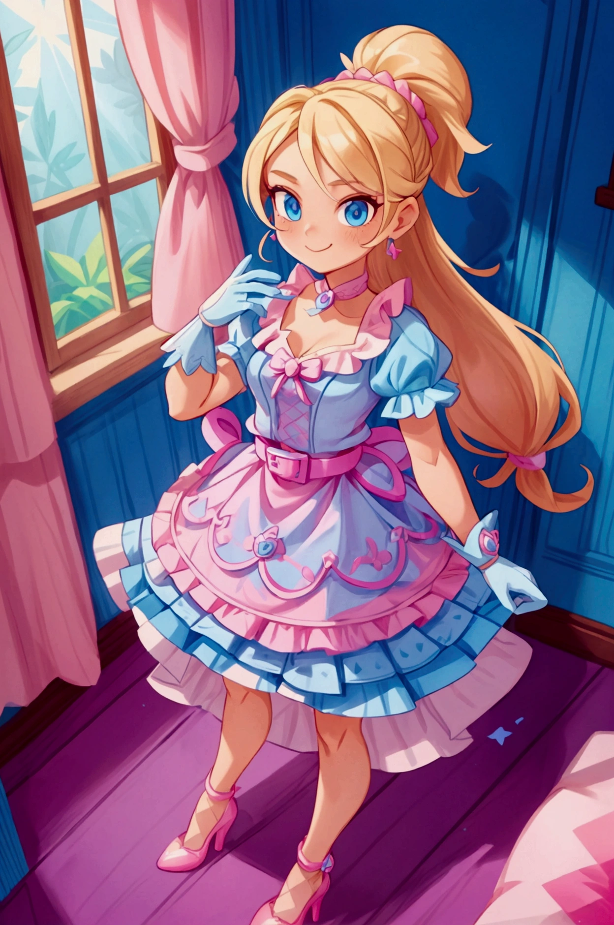 "Masterpiece, best quality, Piper from Brawl Stars, blonde long hair, ponytail in hair, blue eyes, standing indoors with intricate details and sunlight. Blue frilled dress with short neckline, pink gloves, pink belt, earrings, blue heels. Sweet smile, sexy pose, coquette, beautiful legs, mature body, gorgeous."