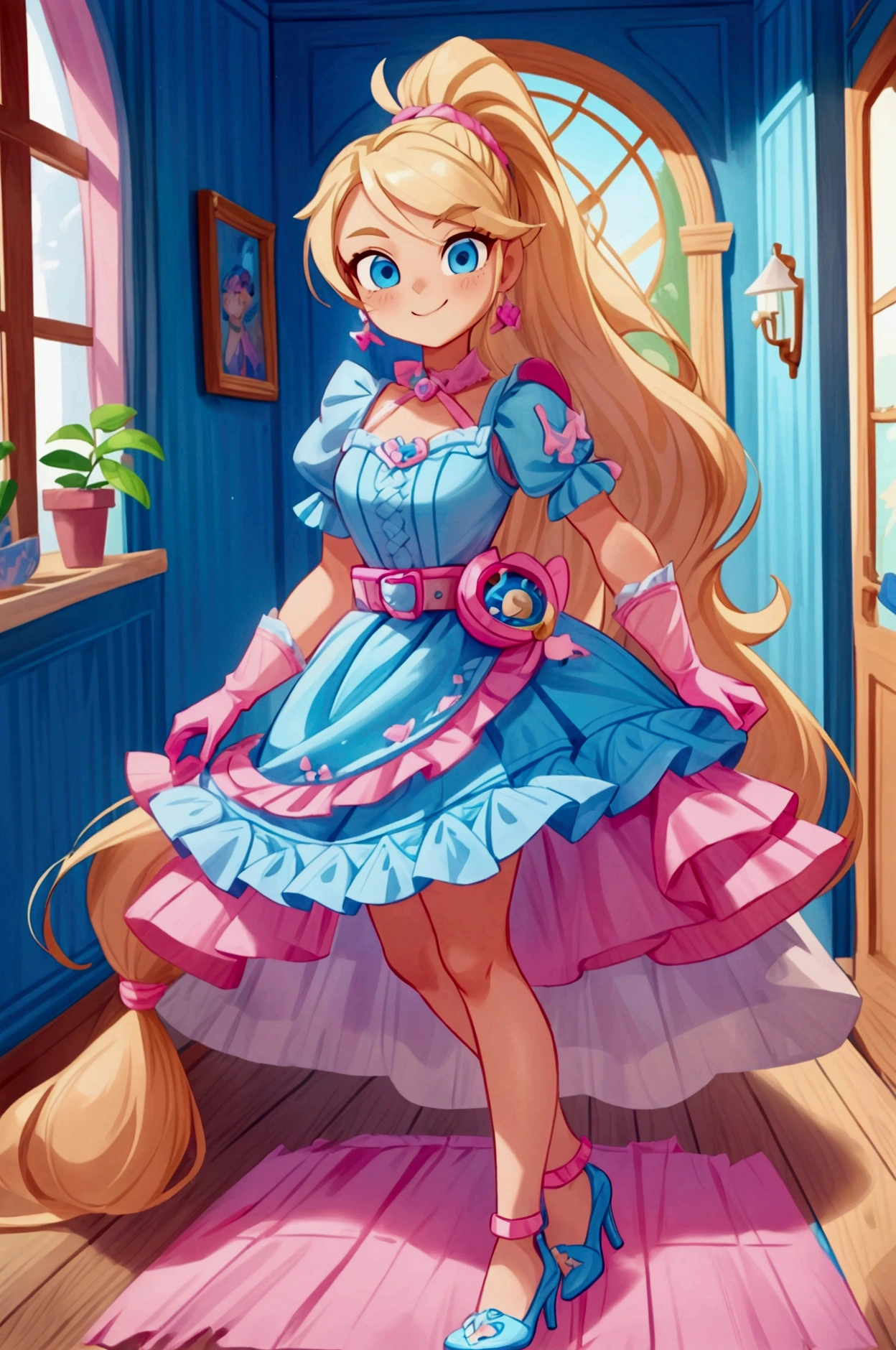 "Masterpiece, best quality, Piper from Brawl Stars, blonde long hair, ponytail in hair, blue eyes, standing indoors with intricate details and sunlight. Blue frilled dress with short neckline, pink gloves, pink belt, earrings, blue heels. Sweet smile, sexy pose, coquette, beautiful legs, mature body, gorgeous."