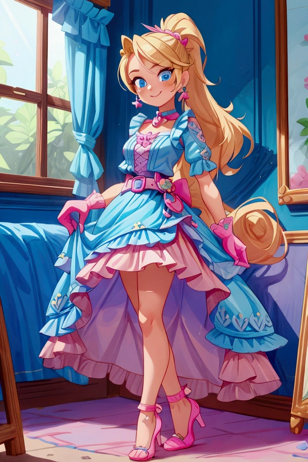 "Masterpiece, best quality, Piper from Brawl Stars, blonde long hair, ponytail in hair, blue eyes, standing indoors with intricate details and sunlight. Blue frilled dress with short neckline, pink gloves, pink belt, earrings, blue heels. Sweet smile, sexy pose, coquette, beautiful legs, mature body, gorgeous."