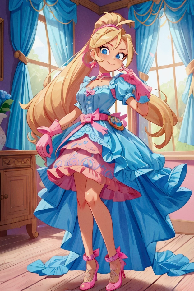 "Masterpiece, best quality, Piper from Brawl Stars, blonde long hair, ponytail in hair, blue eyes, standing indoors with intricate details and sunlight. Blue frilled dress with short neckline, pink gloves, pink belt, earrings, blue heels. Sweet smile, sexy pose, coquette, beautiful legs, mature body, gorgeous."