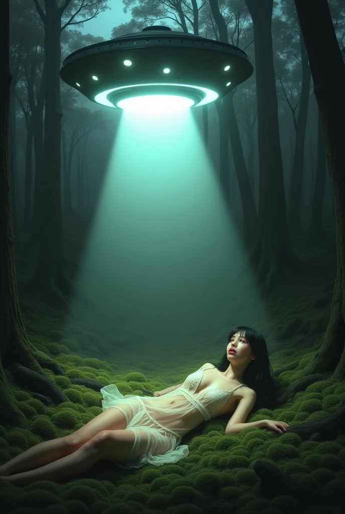 A cute woman (sheer night gown, scared) lying on a bed of moss in a scary dark forest lit onl by a ufo which has the woman in a spotlight, scary mood, alien abduction
