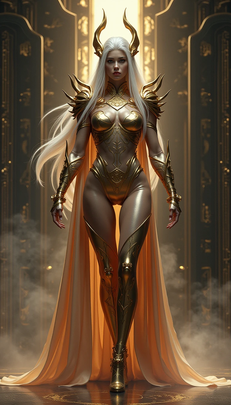(best quality,4k,8k,highres,masterpiece:1.2),ultra-detailed,(realistic,photorealistic,photo-realistic:1.37), a female figure covered entirely with gold leaf, conceptual art, full body, (huge breasts, nipples)