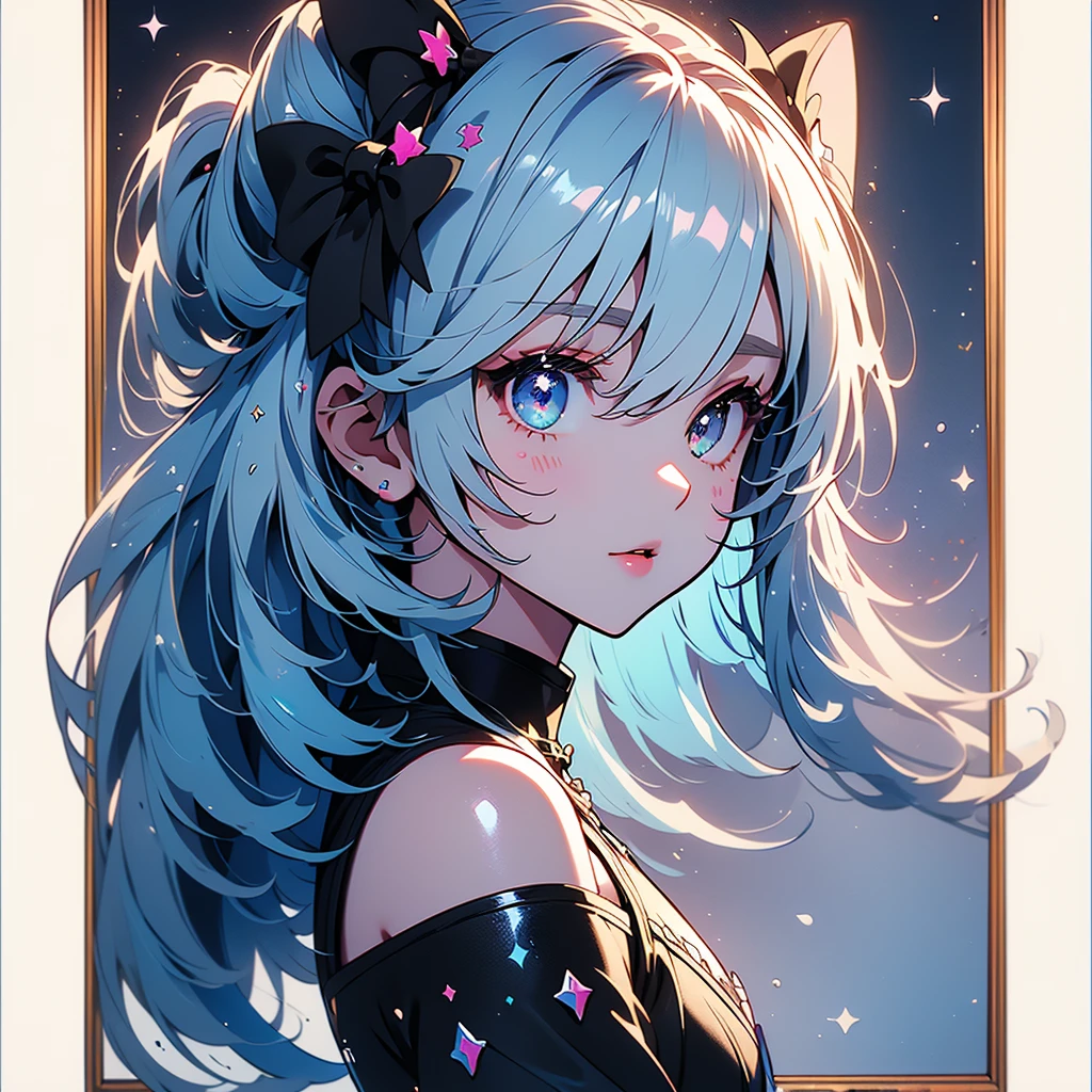  one girl playing pranks、Character design front、Front view、Delicate line hair、(((Super fine、Best Quality、masterpiece)))、original cute hairstyle 、 milk white and blue hair color 、 jet black and magenta original cute costume、 pastel fantasy painting frame 、