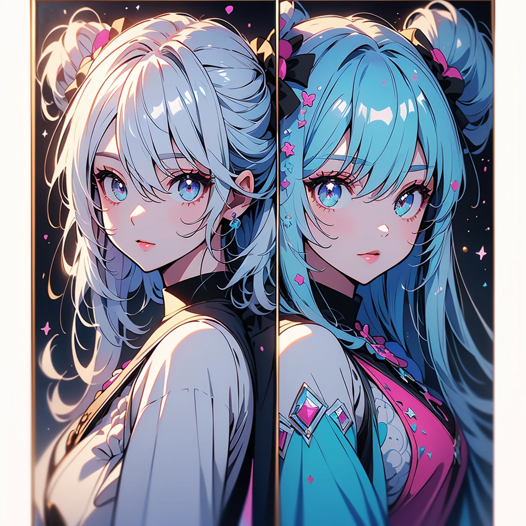  one girl playing pranks、Character design front、Front view、Delicate line hair、(((Super fine、Best Quality、masterpiece)))、original cute hairstyle 、 milk white and blue hair color 、 jet black and magenta original cute costume、 pastel fantasy painting frame 、