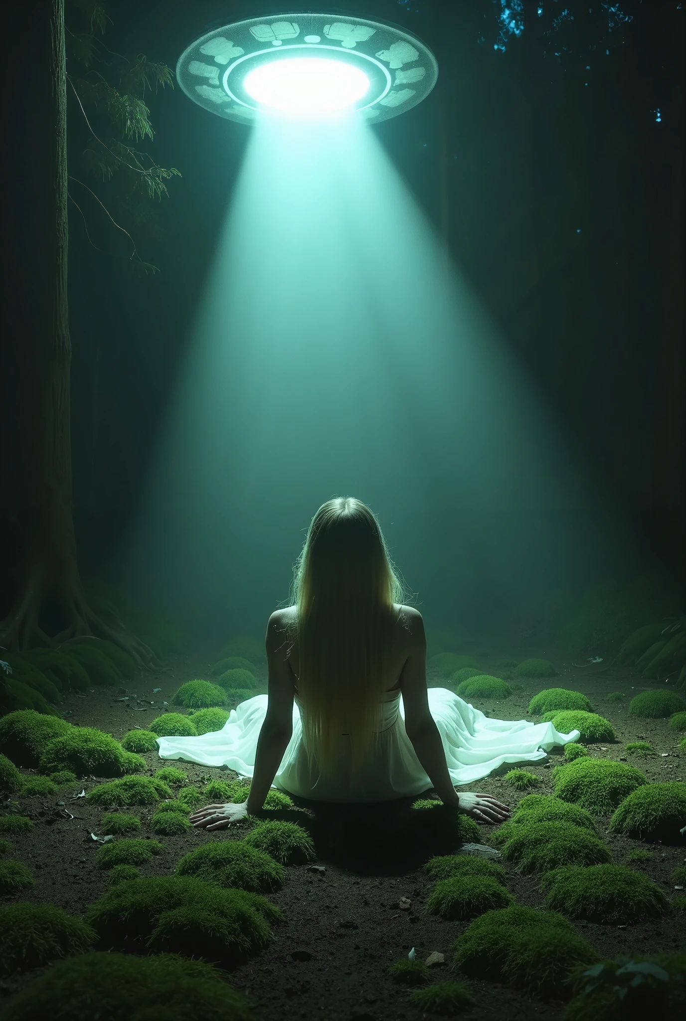 A cute woman (sheer night gown, scared) lying on a bed of moss in a scary dark forest lit onl by a ufo which has the woman in a spotlight, scary mood, alien abduction