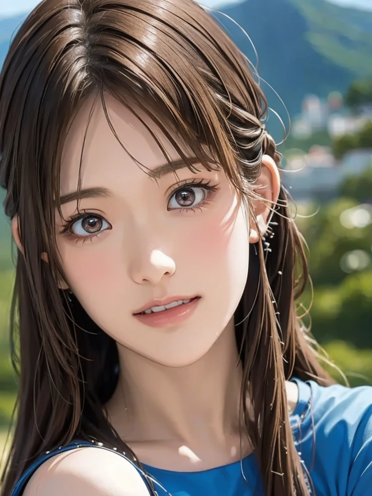  high resolution on down, 8k, Best Quality,  Details, Semi-realistic anime, 3D anime style,  Smooth Animated CG ,  one girl playing pranks,  A 20-year-old Japanese woman , slim, Modeling,  Shiny brown hair ,  Detailsな顔, Beautiful and  Details,  Glowing Skin ,  Hard Focus 、 film grain,  Soft Lighting,  watching the audience in the cloud , smile, (Mountain Climbing Girl 、Mountaineering clothing),  Mountain Views 、City and Ocean Views 