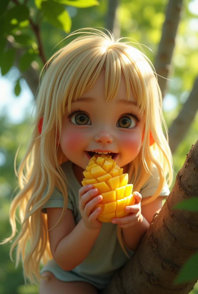 Baby eating a banana, ultra realist, blonde hair