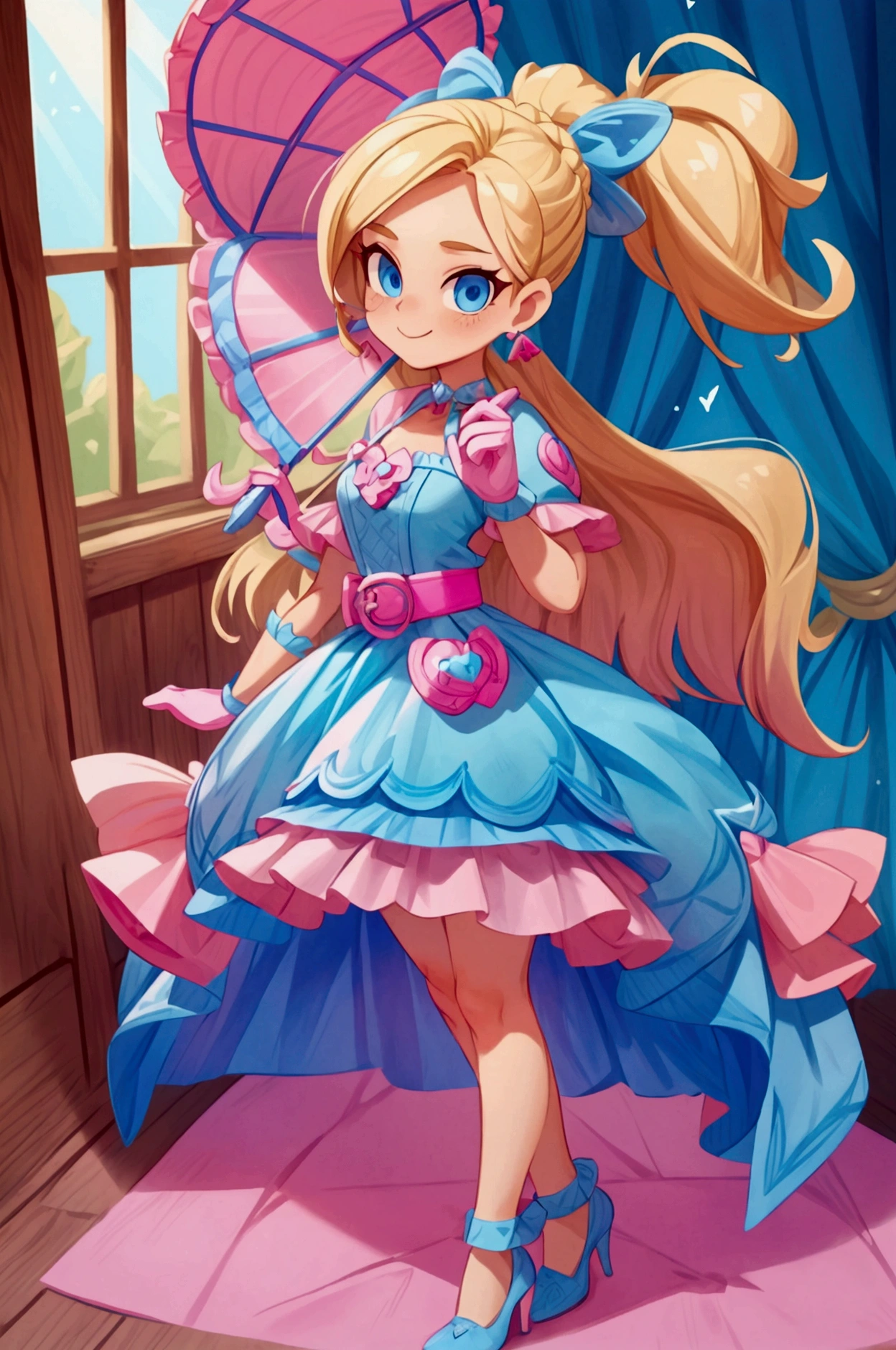 "Masterpiece, best quality, Piper from Brawl Stars, blonde long hair, ponytail in hair, blue eyes, standing indoors with intricate details and sunlight. Blue frilled dress with short neckline, pink gloves, pink belt, earrings, blue heels. Sweet smile, sexy pose, coquette, beautiful legs, mature body, gorgeous."