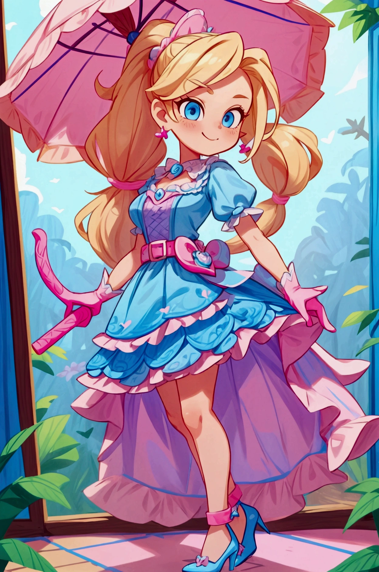 "Masterpiece, best quality, Piper from Brawl Stars, blonde long hair, ponytail in hair, blue eyes, standing indoors with intricate details and sunlight. Blue frilled dress with short neckline, pink gloves, pink belt, earrings, blue heels. Sweet smile, sexy pose, coquette, beautiful legs, mature body, gorgeous."