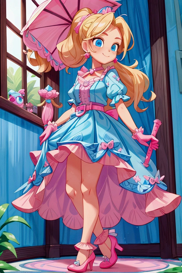 "Masterpiece, best quality, Piper from Brawl Stars, blonde long hair, ponytail in hair, blue eyes, standing indoors with intricate details and sunlight. Blue frilled dress with short neckline, pink gloves, pink belt, earrings, blue heels. Sweet smile, sexy pose, coquette, beautiful legs, mature body, gorgeous."