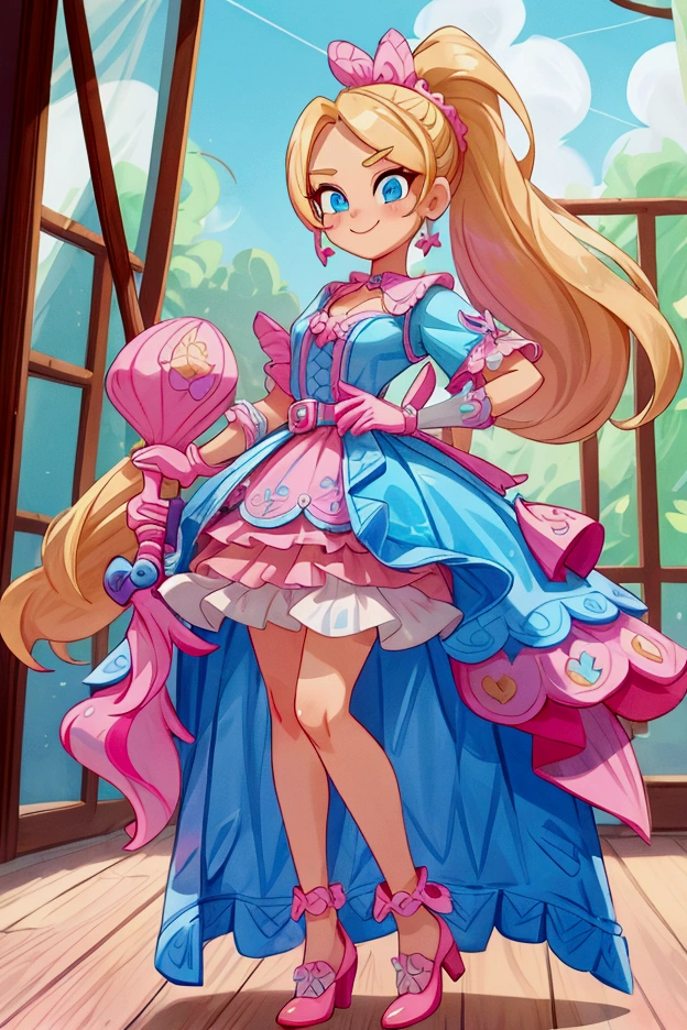 "Masterpiece, best quality, Piper from Brawl Stars, blonde long hair, ponytail in hair, blue eyes, standing indoors with intricate details and sunlight. Blue frilled dress with short neckline, pink gloves, pink belt, earrings, blue heels. Sweet smile, sexy pose, coquette, beautiful legs, mature body, gorgeous."