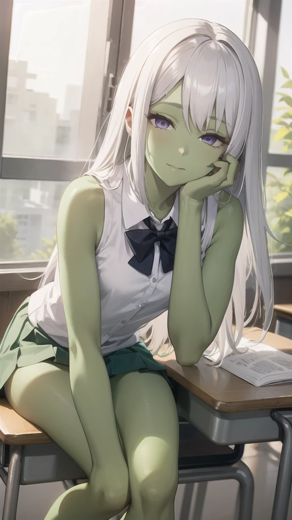 1 Girl, Miss, Mudstone ( tomorrow's ark ), Purple Eyes,  alone , There is only one person， Long hair,  bangs,White hair， to a standing, Mudstonedefclass, HD， best quality，Skin of color，Green Skin，Sharp nails， green nails ，Green Skin，Green Skin，Green Skin，Green Skin，Green Skin，Green Skin，Green Skin，School Uniform，classroom，Sitting at the table，Lazy， HALF CLOSED EYES