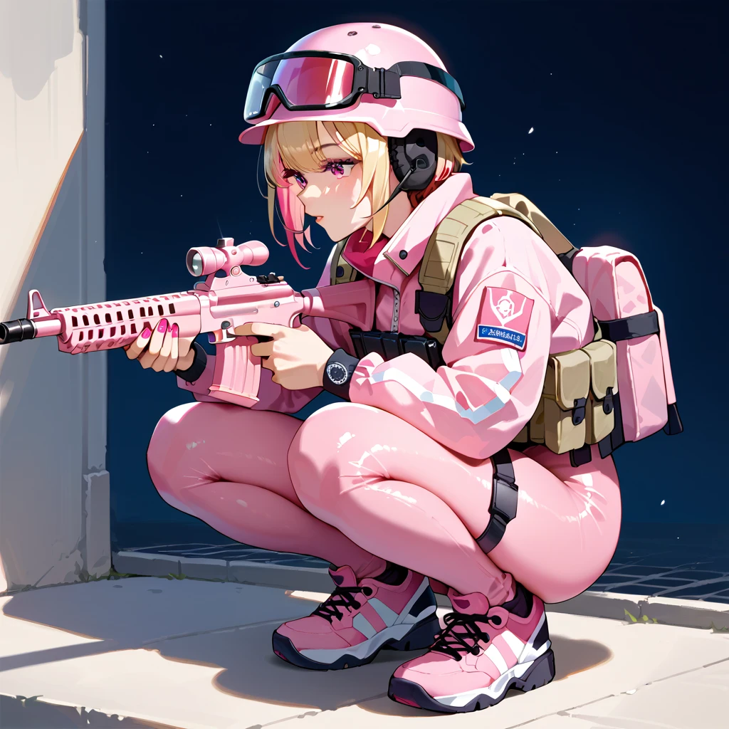 masterpiece, best quality, 1girl, solo, pink bodysuit, pink tactical plate carrier, holding pink submachine gun, pink tactical helmet, short blonde hair with pink highlights, squatting, 