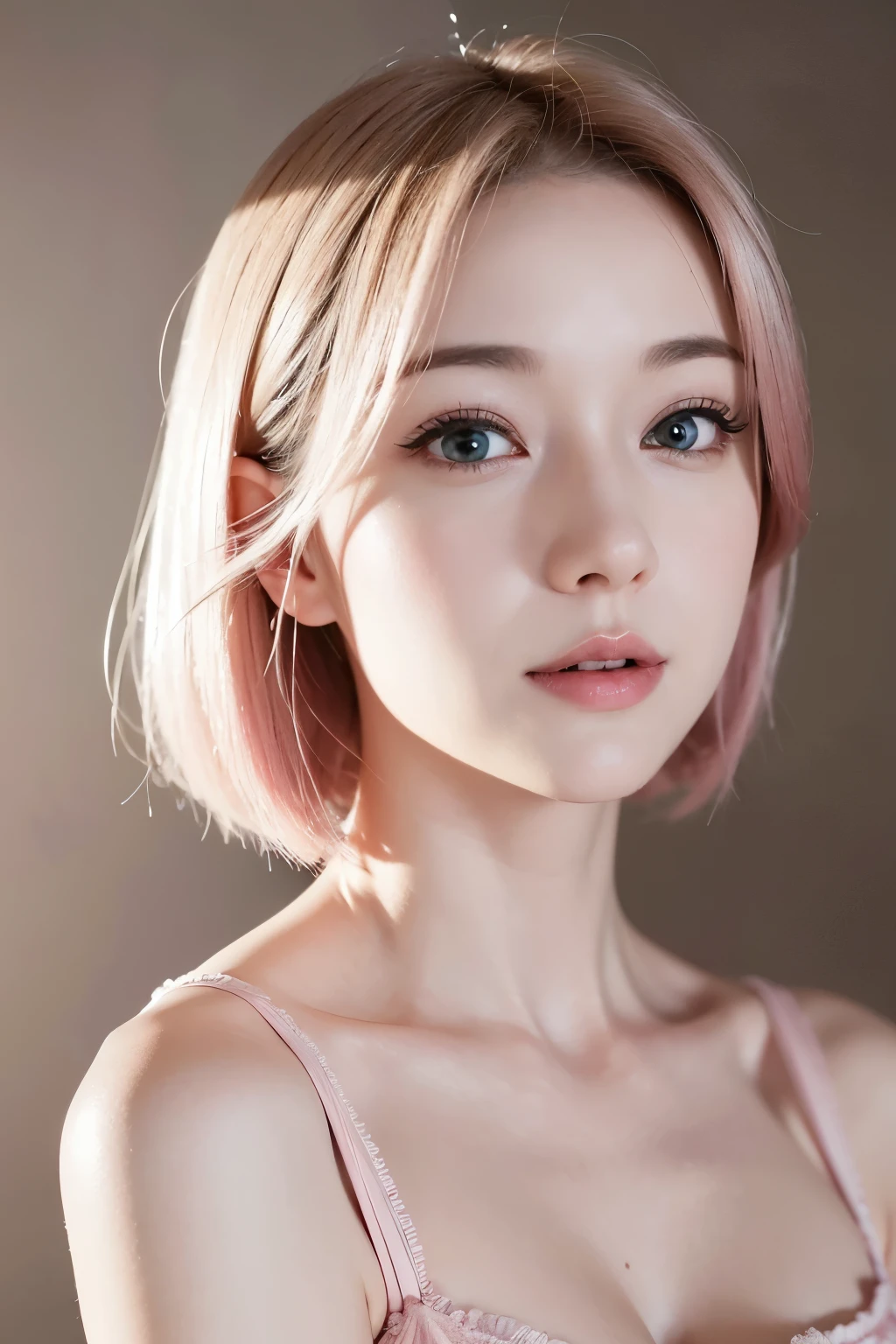 photorealistic young woman with short pink hair with a short light pink bob, 8k, A beautiful adult woman with a soft face, perfect brown eyes, short light pink hair, detailed face, long eyelashes, wearing modest bard clothes, elegant silk flower background, cinematic photorealistic lighting, dramatic night scene, (best quality,4k,8k,highres,masterpiece:1.2),ultra-detailed,(realistic,photorealistic,photo-realistic:1.37),cinematic,dramatic,moody,warm light, A beautiful blonde adult woman with a soft face, perfect brown eyes, detailed face, long eyelashes, wearing modest clothes, elegant silk flower background, cinematic photorealistic lighting, dramatic night scene, (best quality,4k,8k,highres,masterpiece:1.2),ultra-detailed,(realistic,photorealistic,photo-realistic:1.37),cinematic,dramatic,moody,warm light