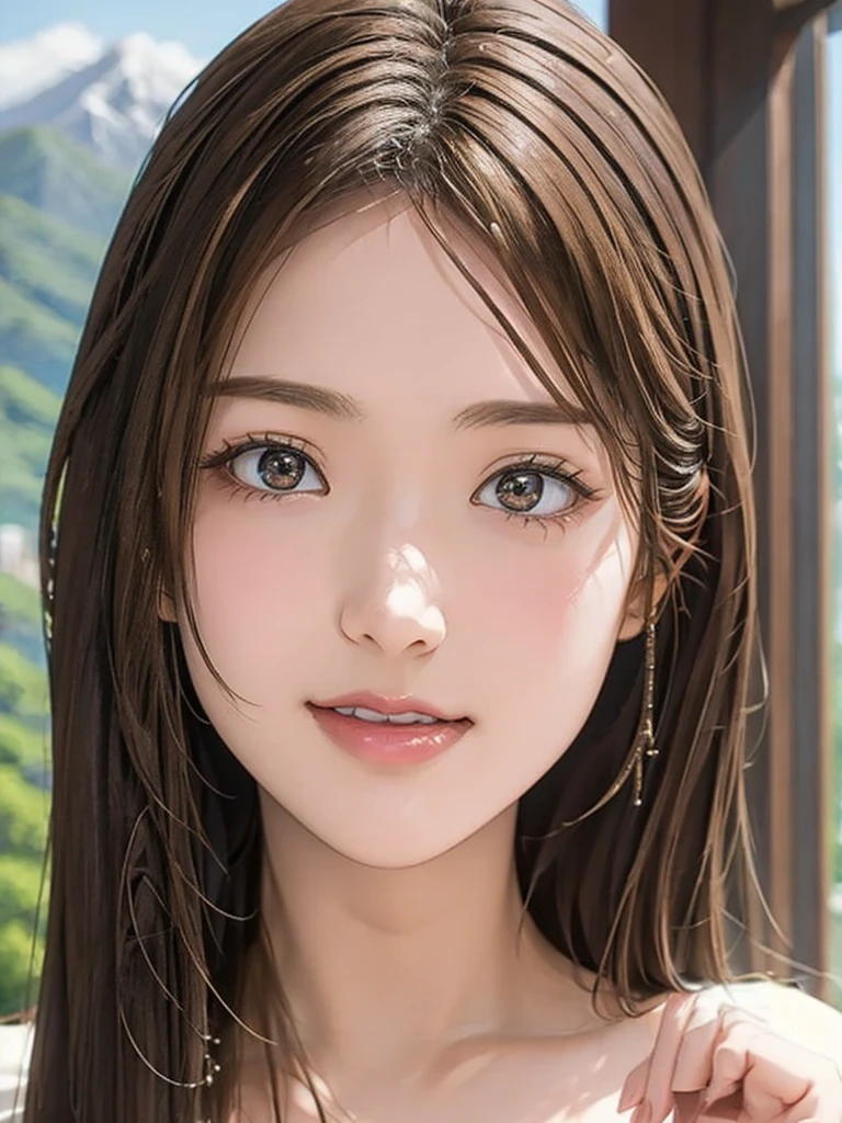  high resolution on down, 8k, Best Quality,  Details, Semi-realistic anime, 3D anime style,  Smooth Animated CG ,  one girl playing pranks,  A 20-year-old Japanese woman , slim, Modeling,  Shiny brown hair ,  Detailsな顔, Beautiful and  Details,  Glowing Skin ,  Hard Focus 、 film grain,  Soft Lighting,  watching the audience in the cloud , smile, (Mountain Climbing Girl 、Mountaineering clothing),  Mountain Views 、City and Ocean Views 