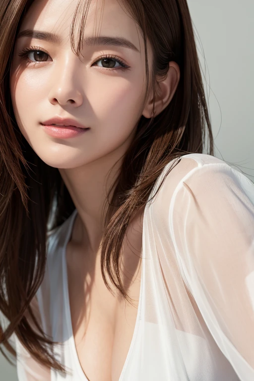 (masterpiece:1.3), (8K, Photorealsitic, Raw photography, Top image quality: 1.4), Japan high school girls、(Random hairstyles:1.2)、cleavage of the breast:1.2、Super Detail Face、Eye of Detail、double eyelid、Bring your chest together、sharp focus:1.2、prety woman:1.4、light brown hair、top-quality、masterpiece、超A high resolution、(Photorealsitic:1.4)、Highly detailed and professional lighting smile、Loose and light knitwear、Shoulder out、slender、serious facial expression、short-haired、Fatal position
