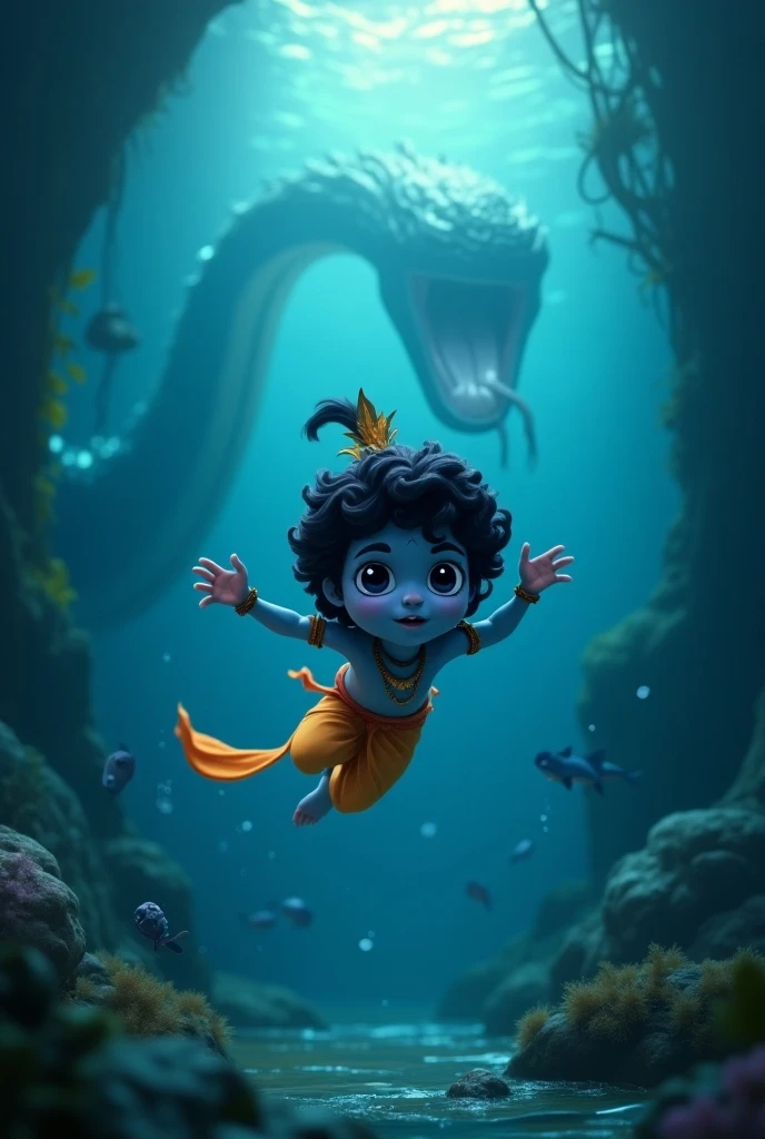 Generate 3d animated cartoon style A dramatic underwater scene of Krishna swimming gracefully toward Kaliya Naag, his aura glowing in the murky water.