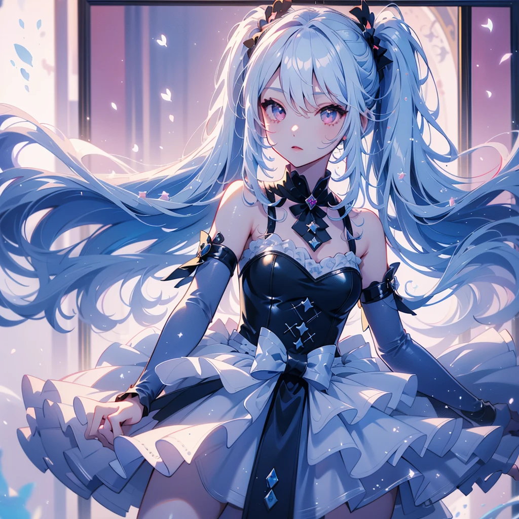  one girl playing pranks、Character design front、Front view、Delicate line hair、(((Super fine、Best Quality、masterpiece)))、original cute hairstyle 、 milk white and blue hair color 、 jet black and magenta original cute costume、 pastel fantasy painting frame 、