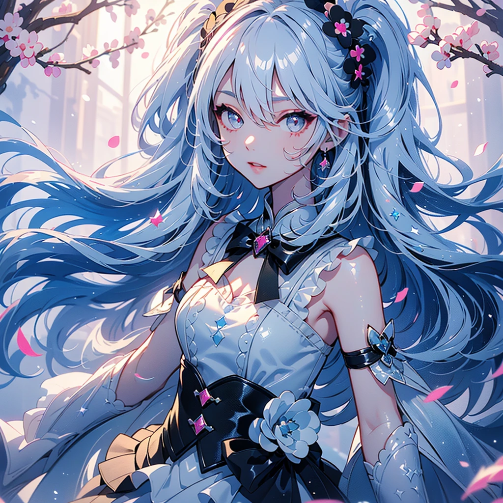  one girl playing pranks、Character design front、Front view、Delicate line hair、(((Super fine、Best Quality、masterpiece)))、original cute hairstyle 、 milk white and blue hair color 、 jet black and magenta original cute costume、 pastel fantasy painting frame 、