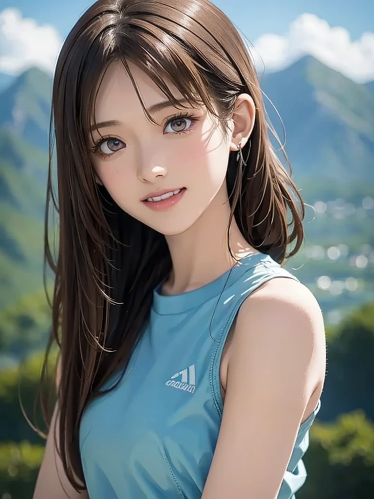  high resolution on down, 8k, Best Quality,  Details, Semi-realistic anime, 3D anime style,  Smooth Animated CG ,  one girl playing pranks,  A 20-year-old Japanese woman , slim, Modeling,  Shiny brown hair ,  Detailsな顔, Beautiful and  Details,  Glowing Skin ,  Hard Focus 、 film grain,  Soft Lighting,  watching the audience in the cloud , smile, (Mountain Climbing Girl 、Mountaineering clothing),  Mountain Views 、City and Ocean Views 