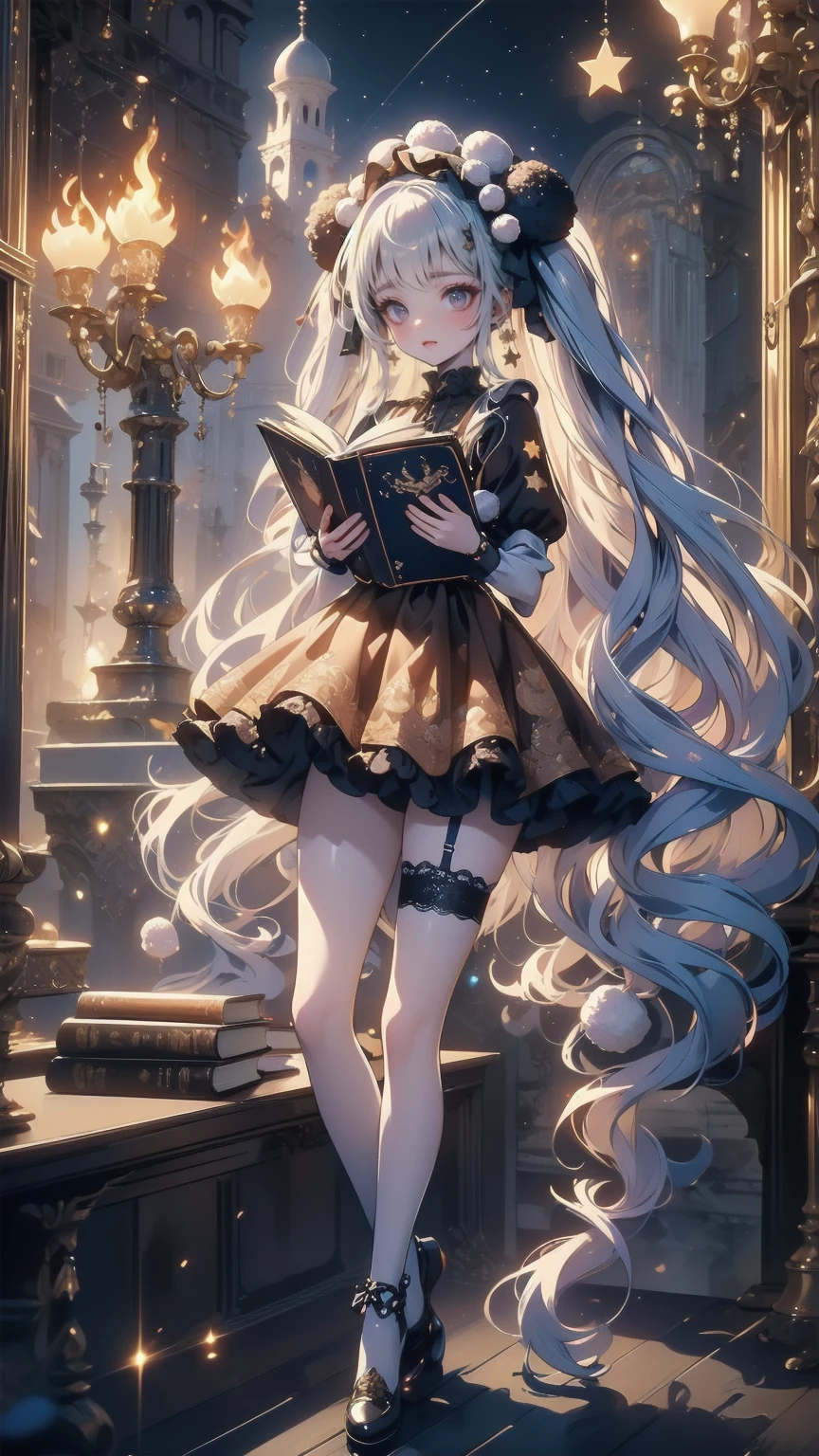 ( full body, legs and shoes visible: 1.2))  expressive eyes , woman, Pale skin, Long Hair,  hair fluttering like the wind, ((Long Hair)), long side lock , Princess Bangs, Hair bangs, Hair Bun, ((Long twin hair)),  Flaming Hair, Red Hair,  blanking in books, full face  blanking in books, Big Sparkling Red Eyes , ( gradient eyes),  open your mouth and smile, cute pose,
Flowing, fiery dress, (( Crimson Multicolor Open Dress )), (mist), Orange Frills, Yellow Frill, ( Light Red Lace ), Removable short sleeves,  Fluffy skirts , ((Fire and Star Print Skirt : 1.3)), ****There is a skirt。, Dark red bow, ((Pompom ribbon hair accessory : 1.4)), Multiple Bows,  Striped Lace Stockings , (Heart-shaped leg garters), cute (Deep Orange) shoes (( Highly Detailed Clothing and Fashion ))  is watching you, ,  blanking in books, (  BEAUTIFUL WITH DETAIL BEAUTIFUL EYES  ), ( Extremely High Definition CG Unity 8K Wallpaper) ( best shadow ), (( very delicate and beautiful)), (Detailed light), (( faces with a depth of writing )) Big Head, Big, bright eyes, Moe,  Splash Art ,  Movie Lighting, Front View,  Volumetric Lighting Extremist Photo Illustration with 64k Resolution Complex and Detailed Key Visuals Accurate Linear 
((With a dark palace in the background, surrounded by expensive decorations,  shooting stars )) ((Ultra detailed views ,  Foggy ,  Darkness : 1.3))