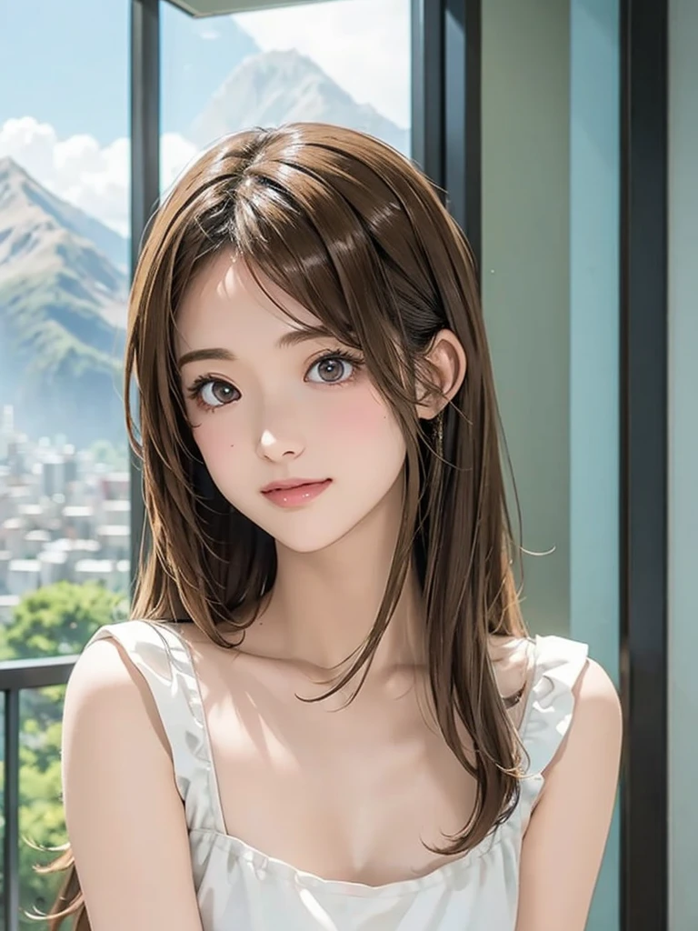  high resolution on down, 8k, Best Quality,  Details, Semi-realistic anime, 3D anime style,  Smooth Animated CG ,  one girl playing pranks,  A 20-year-old Japanese woman , slim, Modeling,  Shiny brown hair ,  Detailsな顔, Beautiful and  Details,  Glowing Skin ,  Hard Focus 、 film grain,  Soft Lighting,  watching the audience in the cloud , smile, (Mountain Climbing Girl 、Mountaineering clothing),  Mountain Views 、City and Ocean Views 