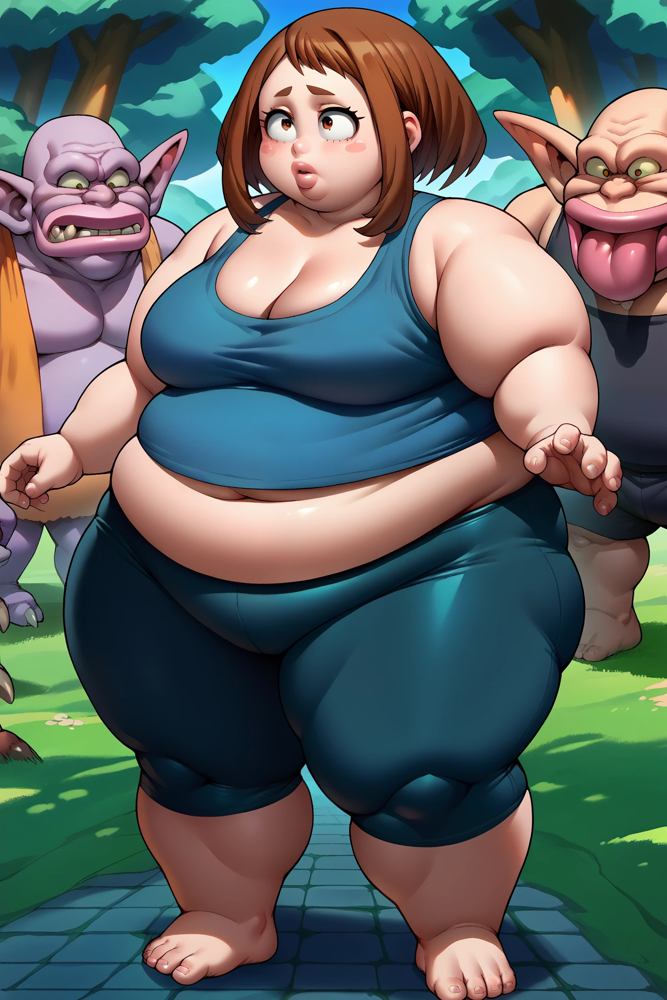 Girl becoming a monster, becoming a troll, fat, chubby, obese, tank top, black bike shorts, ochakouraraka, ochako uraraka, big ears, big nose, big lips, 900 pounds, 10 ft tall 