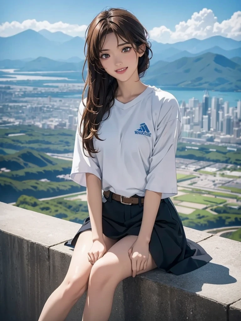  high resolution on down, 8k, Best Quality,  Details, Semi-realistic anime, 3D anime style,  Smooth Animated CG ,  one girl playing pranks,  A 20-year-old Japanese woman , slim, Modeling,  Shiny brown hair ,  Detailsな顔, Beautiful and  Details,  Glowing Skin ,  Hard Focus 、 film grain,  Soft Lighting,  watching the audience in the cloud , smile, (Mountain Climbing Girl 、Mountaineering clothing),  Mountain Views 、City and Ocean Views 