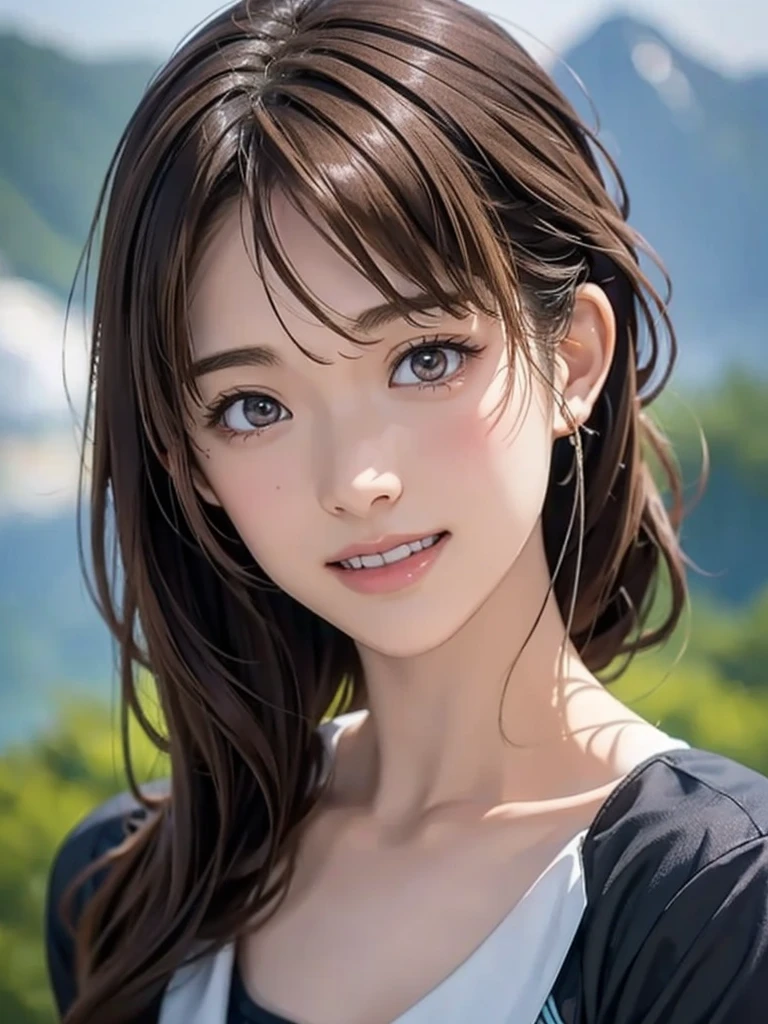  high resolution on down, 8k, Best Quality,  Details, Semi-realistic anime, 3D anime style,  Smooth Animated CG ,  one girl playing pranks,  A 20-year-old Japanese woman , slim, Modeling,  Shiny brown hair ,  Detailsな顔, Beautiful and  Details,  Glowing Skin ,  Hard Focus 、 film grain,  Soft Lighting,  watching the audience in the cloud , smile, (Mountain Climbing Girl 、Mountaineering clothing),  Mountain Views 、City and Ocean Views 