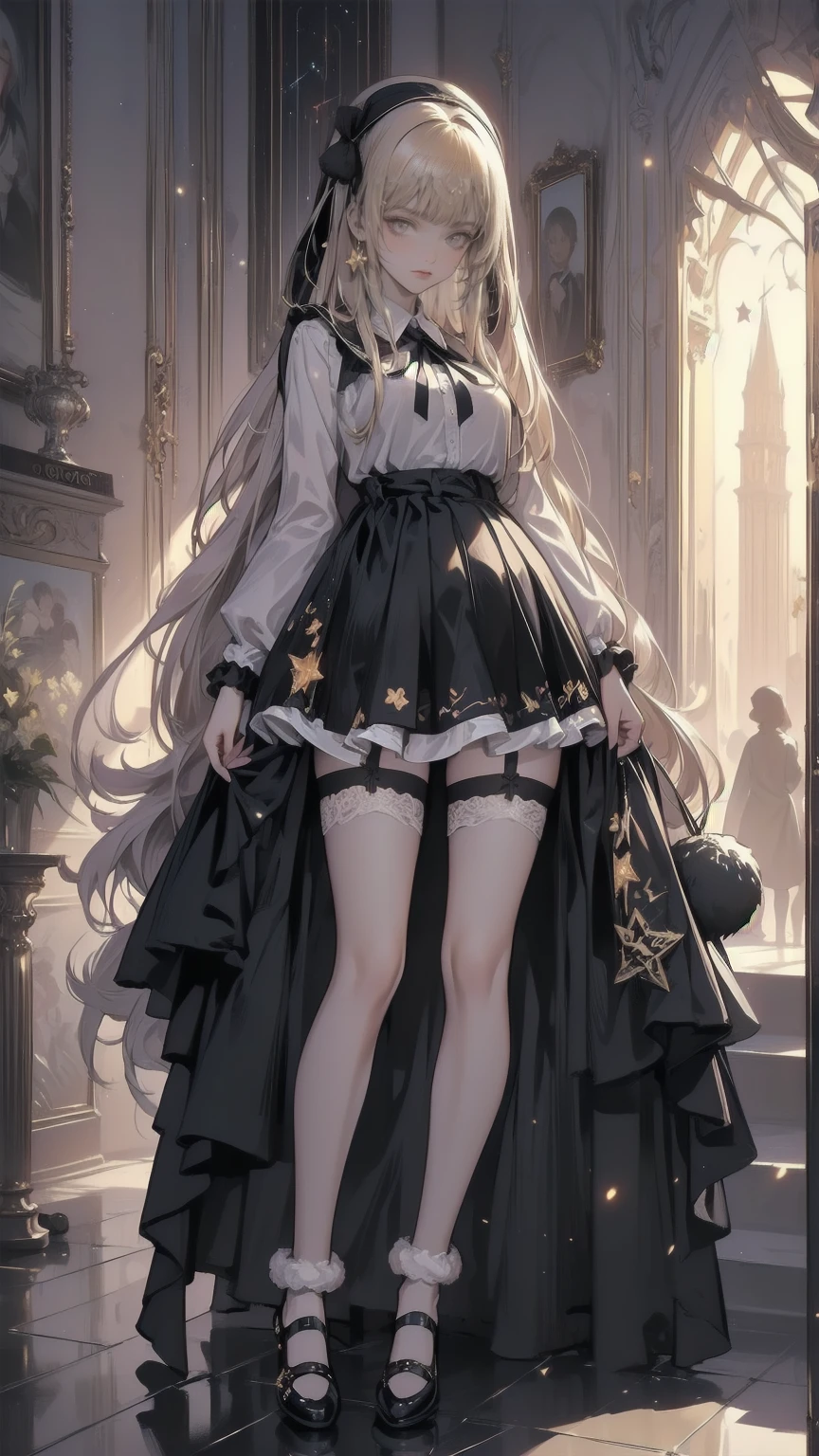 ( full body, legs and shoes visible: 1.2))  expressive eyes , woman, Pale skin, Long Hair,  hair fluttering like the wind, ((Long Hair)), long side lock , Princess Bangs, Hair bangs, Hair Bun, ((Long twin hair)),  Flaming Hair, Red Hair,  blanking in books, full face  blanking in books, Big Sparkling Red Eyes , ( gradient eyes),  open your mouth and smile, cute pose,
Flowing, fiery dress, (( Crimson Multicolor Open Dress )), (mist), Orange Frills, Yellow Frill, ( Light Red Lace ), Removable short sleeves,  Fluffy skirts , ((Fire and Star Print Skirt : 1.3)), ****There is a skirt。, Dark red bow, ((Pompom ribbon hair accessory : 1.4)), Multiple Bows,  Striped Lace Stockings , (Heart-shaped leg garters), cute (Deep Orange) shoes (( Highly Detailed Clothing and Fashion ))  is watching you, ,  blanking in books, ( Beautiful eyes with beautiful details  ), ( Extremely High Definition CG Unity 8K Wallpaper) ( best shadow ), (( very delicate and beautiful)), (Detailed light), (( faces with a depth of writing )) Big Head, Big, bright eyes, Moe,  Splash Art ,  Movie Lighting, Front View,  Volumetric Lighting Extremist Photo Illustration with 64k Resolution Complex and Detailed Key Visuals Accurate Linear 
((With a dark palace in the background, surrounded by expensive decorations,  shooting stars )) ((Ultra detailed views ,  Foggy ,  Darkness : 1.3))