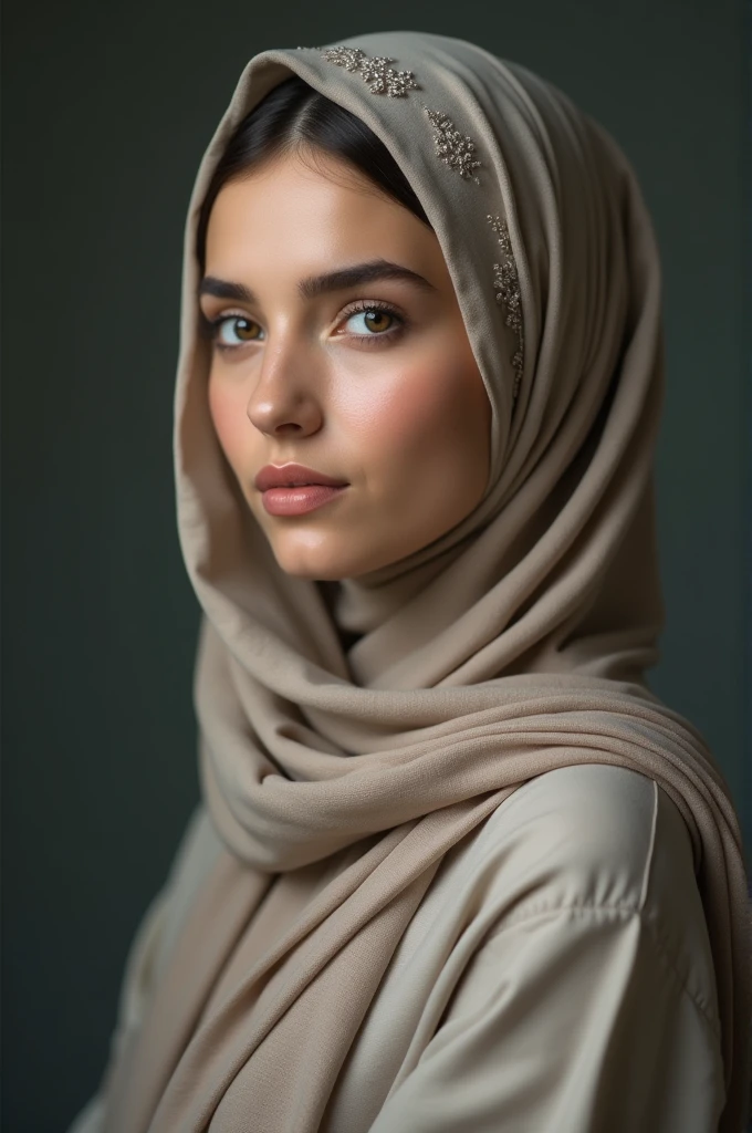 Natural photography of a beautiful girl, wearing a long sleeves blouse, leaning over, hijab, big bust, locks eyes into the camera, symmetrical eyes, symmetrical face, photorealistic, photography, path tracing, specular lighting, volumetric face light, path traced hair, visible shadows, intricate, elaborate