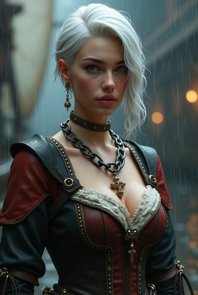 Pretty young woman with a long round face, elongated nose, short white hair on a white neck, wearing medieval ship captain's clothing, a chain running diagonally around a burly chain necklace with plump  in the rain. 