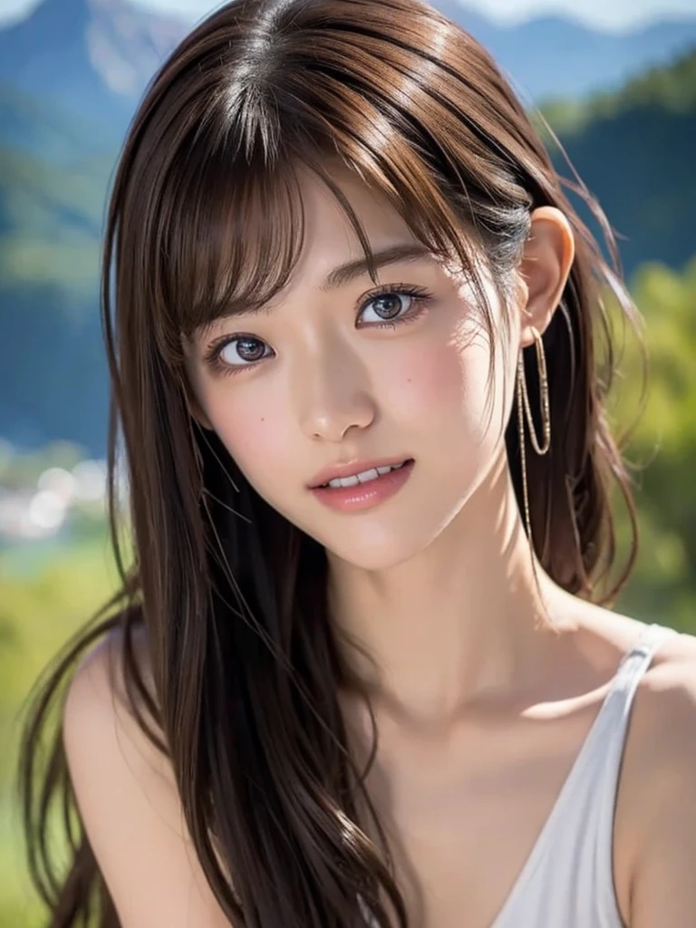  high resolution on down, 8k, Best Quality,  Details, Semi-realistic anime, 3D anime style,  Smooth Animated CG ,  one girl playing pranks,  A 20-year-old Japanese woman , slim, Modeling,  Shiny brown hair ,  Detailsな顔, Beautiful and  Details,  Glowing Skin ,  Hard Focus 、 film grain,  Soft Lighting,  watching the audience in the cloud , smile, (Mountain Climbing Girl 、Mountaineering clothing),  Mountain Views 、City and Ocean Views 