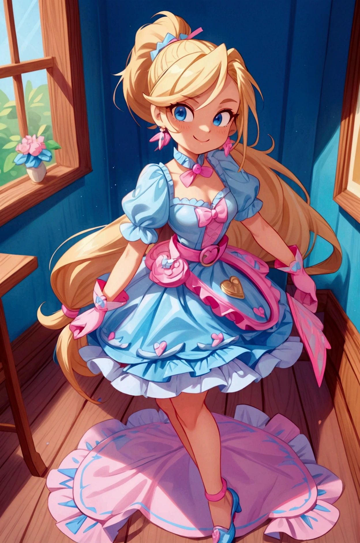 "Masterpiece, best quality, Piper from Brawl Stars, blonde long hair, ponytail in hair, blue eyes, standing indoors with intricate details and sunlight. Blue frilled dress with short neckline, pink gloves, pink belt, earrings, blue heels. Sweet smile, sexy pose, coquette, beautiful legs, mature body, gorgeous."