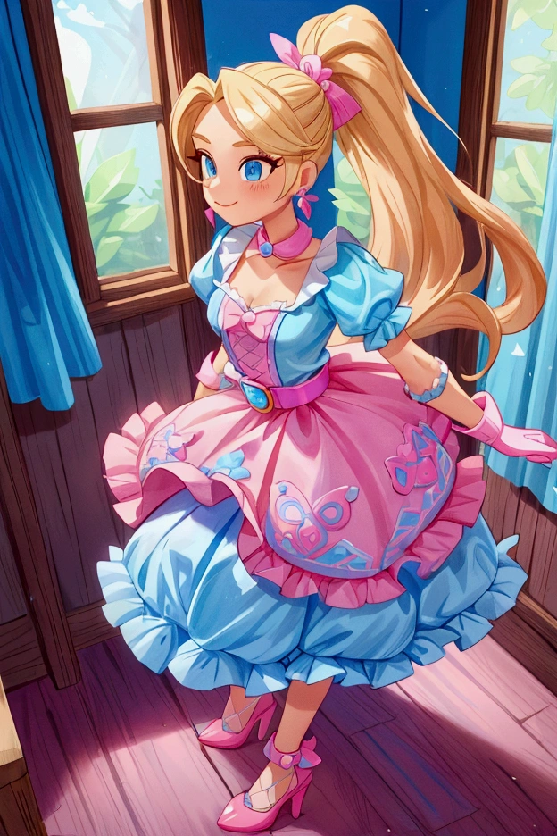 "Masterpiece, best quality, Piper from Brawl Stars, blonde long hair, ponytail in hair, blue eyes, standing indoors with intricate details and sunlight. Blue frilled dress with short neckline, pink gloves, pink belt, earrings, blue heels. Sweet smile, sexy pose, coquette, beautiful legs, mature body, gorgeous."