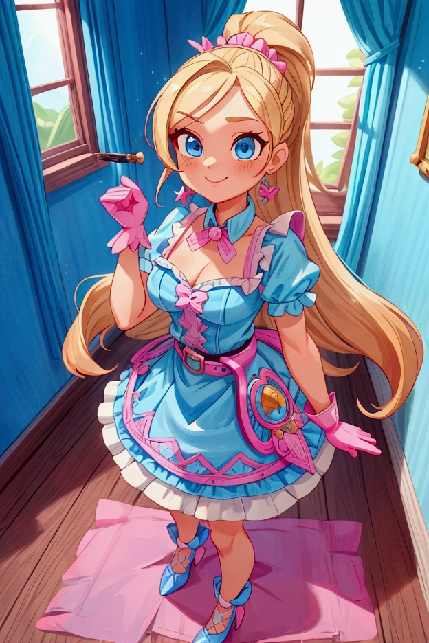 "Masterpiece, best quality, Piper from Brawl Stars, blonde long hair, ponytail in hair, blue eyes, standing indoors with intricate details and sunlight. Blue frilled dress with short neckline, pink gloves, pink belt, earrings, blue heels. Sweet smile, sexy pose, coquette, beautiful legs, mature body, gorgeous."