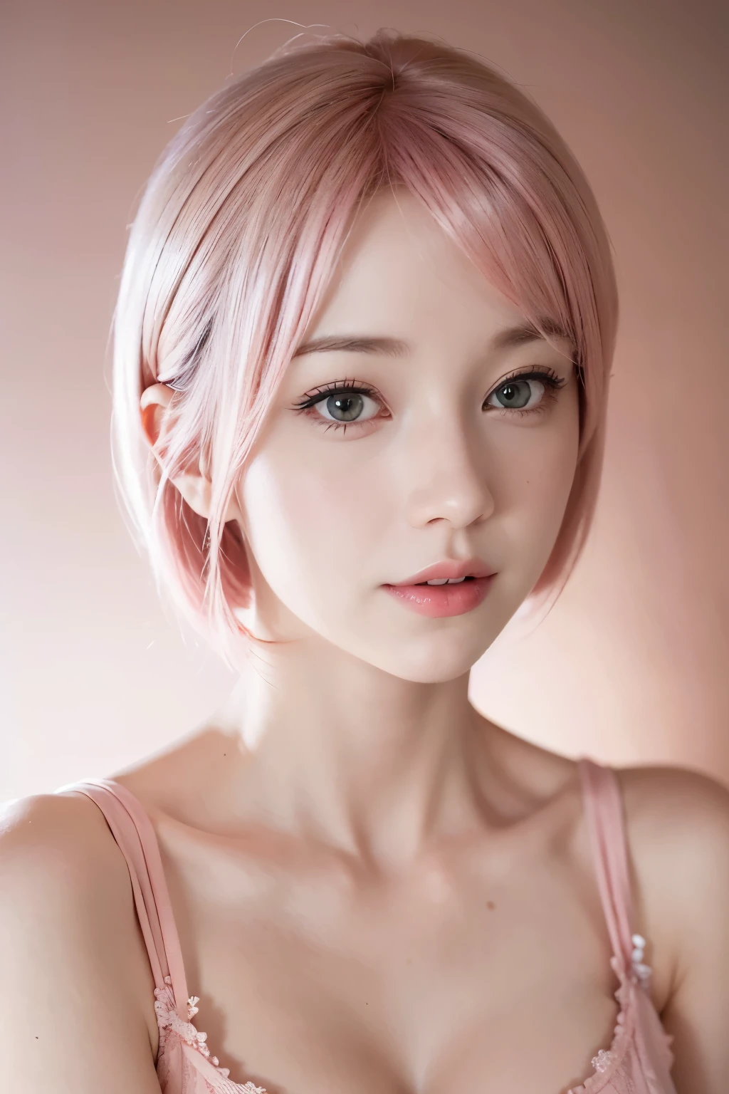 photorealistic young woman with short pink hair with a short light pink bob, 8k, A beautiful adult woman with a soft face, perfect brown eyes, short light pink hair, detailed face, long eyelashes, wearing modest bard clothes, elegant silk flower background, cinematic photorealistic lighting, dramatic night scene, (best quality,4k,8k,highres,masterpiece:1.2),ultra-detailed,(realistic,photorealistic,photo-realistic:1.37),cinematic,dramatic,moody,warm light