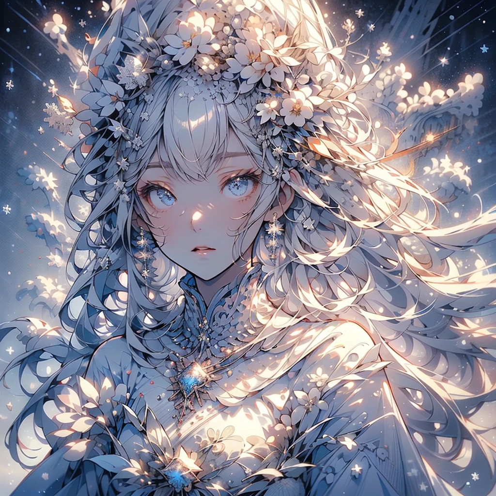 1girl,Handsome face、((( perfect anatomy、Slender figure、The best composition、Best Quality、 masterpiece、 best detail 、Super detailed、 high definition)))、Snow Fairy、 snowflake fractal art、Milky white hair color、The background is a simple snowflake 、Meteor Shower、Mysterious、 absurd、 fantasy world 、